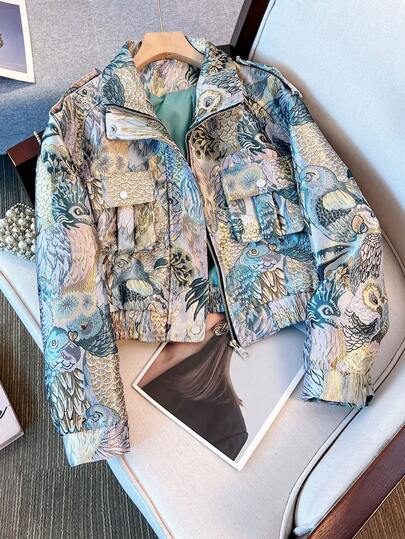 Chaqueta de motociclista vintage bordada de jacquard, con vibra de ropa de calle, cierre con cremallera frontal y bolsillos