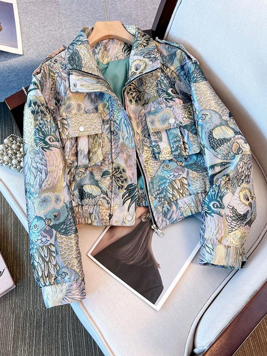 Vintage Embroidered Jacquard Motorcycle Jacket, Streetwear Vibe, Front Zipper Closure Pockets Spring