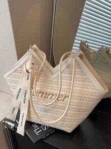 2024新款时尚小丑拼色设计褶皱纹理大容量双手柄单肩托特包，适合旅行、购物、通勤，带围巾装饰