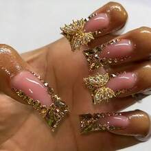 MGold Rhinestones Butterfly Pr On Nails Medium Duckbill Design Coffin Full Cover Artificial Acrylic French Stick On DIY Glue On For Women Manicure Kit8001 - Đa - Xem 1