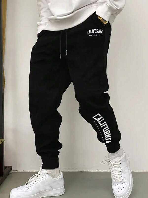 Men's Drawstring Sweatpants, Thin Elastic Waist Sports Pants, Breathable Letter Print, Autumn/Winter, Fall