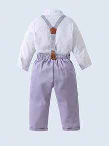 BOARNSEORL 男婴两件套绅士套装 - 白色长袖衬衫配蝴蝶结和卡其色背带裤，时尚休闲套装，适合生日派对、婚礼、周年纪念庆典等场合。 - 紫色 - 查看 4