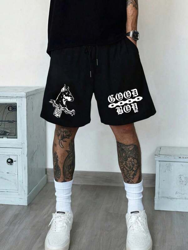 Men's Street Sporty Doberman Printed Drawstring Waist Shorts For Daily Wear, Elastic Waistband With Pockets, Summer