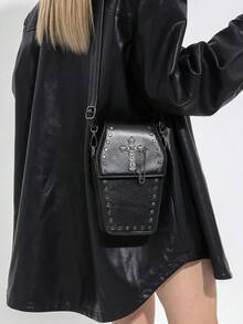 Y2K 甜美酷炫小众设计斜挎包，十字架和链条装饰，铆钉搞怪复古极具魅力的特殊造型手机包，哥特朋克个性单肩包，适合万圣节派对角色扮演装扮 - 黑色 - 查看 4