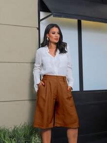 Women's Tailored Bermuda Shorts, Flare Style, Loose-Fitting, Formal Wear, Casual Workwear, Top Finish - Rỉ Nâu - Xem 4