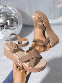 Giày sandal đế xuồng kiểu đan chéo thời trang, đế dày, gót đế xuồng, nhẹ, gót cao gợi cảm, cỡ lớn, thoải mái, thích hợp cho kỳ nghỉ, đi biển, hở mũi, gót siêu cao, sandal đế dày, giày cho mẹ, sandal thường ngày cho mùa hè - Màu Khaki - Xem 1