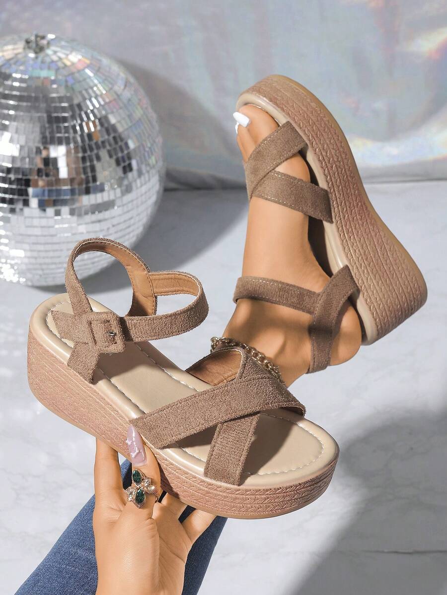 Giày sandal đế xuồng kiểu đan chéo thời trang, đế dày, gót đế xuồng, nhẹ, gót cao gợi cảm, cỡ lớn, thoải mái, thích hợp cho kỳ nghỉ, đi biển, hở mũi, gót siêu cao, sandal đế dày, giày cho mẹ, sandal thường ngày cho mùa hè - Màu Khaki - Xem 1