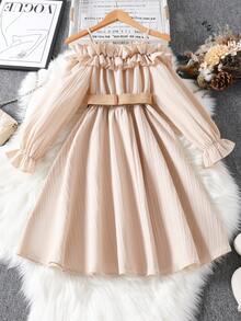 Girls Beaded Ruffle Off-Shoulder Casual Dress, Spring/Autumn