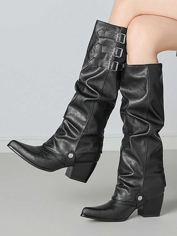 Solid Color Pleated Faux Leather Convertible Tall/Short Boots, Wearable Tubes For Outdoor, Spring/Autumn/Winter