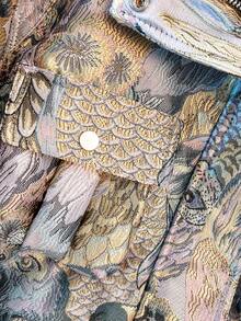 Vintage Embroidered Jacquard Motorcycle Jacket, Streetwear Vibe, Front Zipper Closure Pockets Spring - Blue - View 6