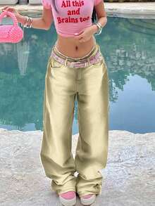 Roupas femininas de outono, jeans verde retrô americano, novo, cintura média, reto, solto, perna larga, calça casual de rua - Verde de Exercício - Ver 8