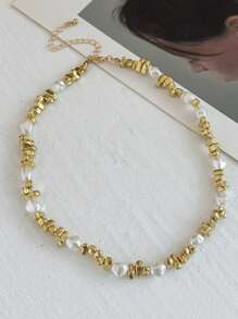 1pc Asymmetrical Faux Pearl Necklace, Pentagram Asymmetrical Clavicle Chain, Suitable For All Occasions, Ideal Gift