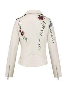 Women's Spring/Autumn Faux Leather Embroidered Commuter Jacket With Belt, Minimalist Versatile Biker PU Jacket