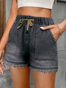 Women's Drawstring Waist Pockets Frayed Hem Loose Casual Denim Shorts