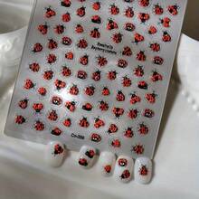 5D Embossed Cute Seven-Star Ladybug Waterproof Nail Stickers - Vibrant Orange & Black Design, Self-Adhesive Nail Art Decals For Manicures & Pedicures, Easy To Apply &, 15-Count Pack, Ladybug Nail Art Sticke - 紅色+黑色 - 查看 2