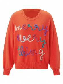 Women's Christmas Ribbed Sweaters Contrast Color Letter Long Sleeve Round Neck Knitted Tops - Red - View 9