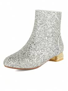 Luxury Womens Glitter Boots Gold Sequins Chunky Heel Ankle Boots Sparkly Booties Zipper Block Heeled Wedding Party Dress Bridal Bridesmaid Blingbling Shoes For Carnival Music Festival Concert - Silver - View 3
