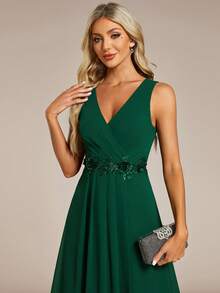 EVERPRETTY Elegant Autumn V-Neck Embroidered Applique Ruffle Chiffon Dark Green Bridesmaid Dress, Semi-Formal Wedding Guest Dress, Valentine's Day - Dark Green - View 6