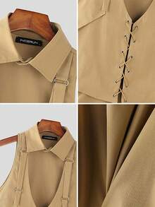 INCERUN Men Button V-Neck Sleeveless Lace Up Slim Blouse Summer Holiday Party Casual Tank Tops Plain Shirt - 卡其色 - 查看 5