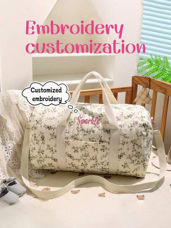 1 pieza Bolso de mamá bordado personalizado con flores, bolso de maternidad bordado personalizado de gran capacidad, bolso de pañales con lindo diseño de dibujos animados, bolso de mano versátil y de moda para mamá, bolso multifuncional para pañales y biberones con gancho para cochecito, adecuado para uso diario, puede ser un regalo para familia, amigos y nuevas mamás