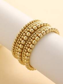 7pcs Elastic Handmade Beaded Bracelet Set, Universal Design With CCB Round Beads - Yellow Gold - View 4