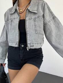 Double Pocket Zip-Up Wash Crop Denim Jacket, Plain Color Casual Sports With Zipper Pockets - Grey - View 3