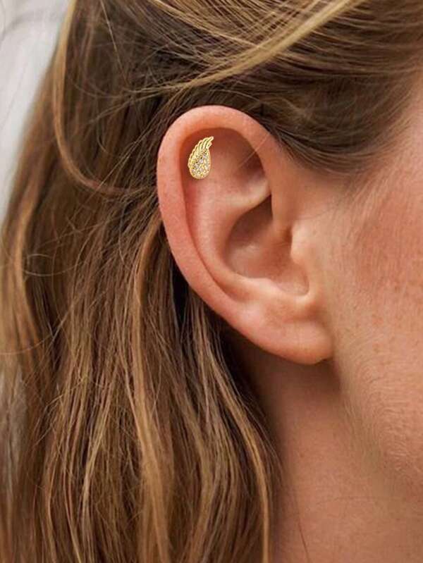 Brinco de pino de cristal de zircônia com asa, 1 peça, brinco feminino elegante e minimalista, joia de piercing, aço inoxidável 316L, comprimento do pino 6 mm, diâmetro 1,2 mm, bola reta
