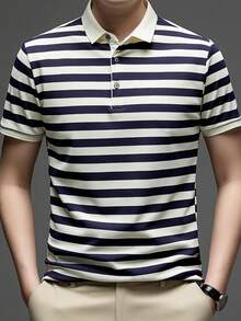 Knitted Men's Striped Polo Shirt - Fashionable & Comfortable - Knitted - Navy Blue - View 3