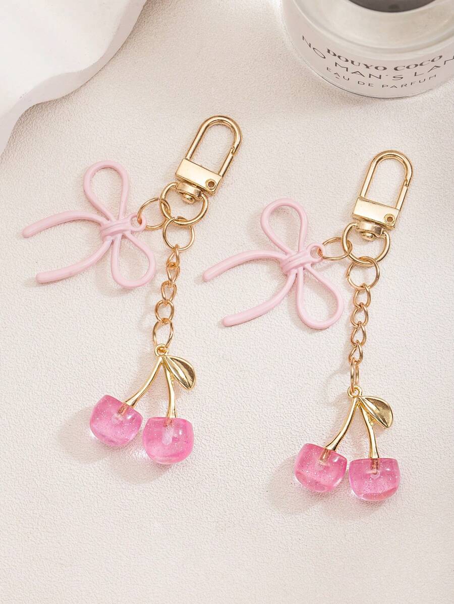 1pc Unisex Shiny 3D Cherry Key Chain, Elegant Bow Pendant Keychains, Luxury Fashion Bag Accessory Car Accessories Bag Charm School Cute Goth Y2k