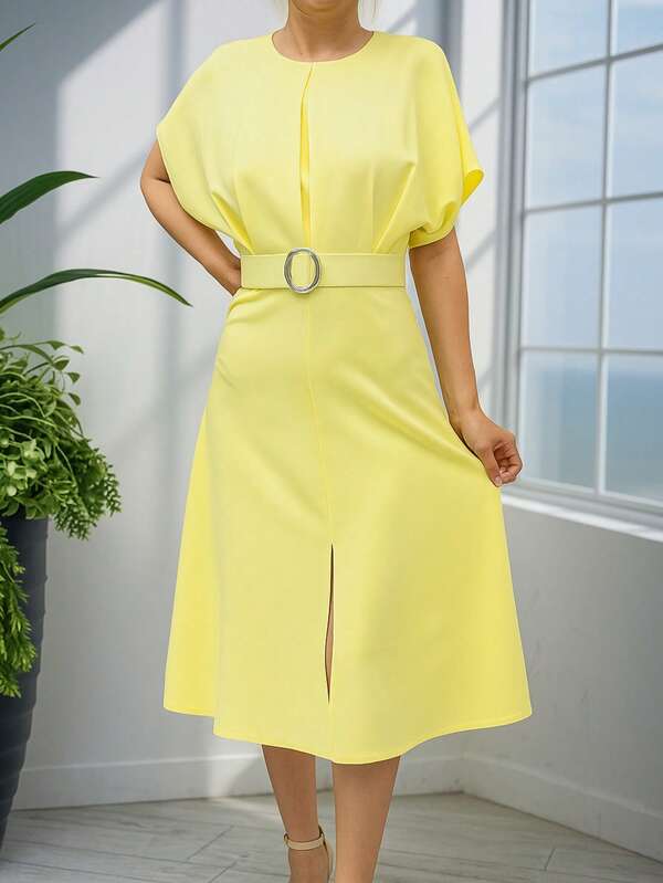 CEYLEN Solid Color Elegant Casual Midi Dress With Slit Detail, Pockets, Belt, Beach