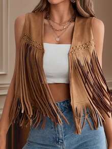 Women's Suede Tassel Vest 70s Hippie Outfit Sleeveless Open Front Vest Western Jacket - Cà phê nâu - Xem 3