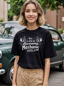 Tops de verano para mujer, camisas 100% algodón para mujer, regalos para el día de la madre para tallas S-2XL, regalos de cumpleaños para mujer, aspecto de mecánico, camiseta de mecánico, camiseta de mecánico diésel - Negro - Ver 1