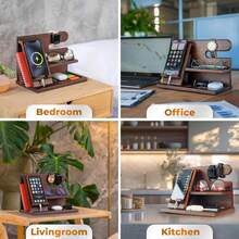Wood Phone Docking Station For Men - Desk Or Nightstand Organizer - Birthday Gifts For Husband, Dad - Anniversary Idea From Wife - Key Holder, Stand Wallet, Watch & Essentials - màu nâu - Xem 3