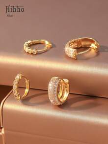 Hihho 2 对时尚方形立方氧化锆环状耳环，适合女性结婚周年纪念订婚派对珠宝、情人节、母亲节礼物 - 金黃色 - 查看 6