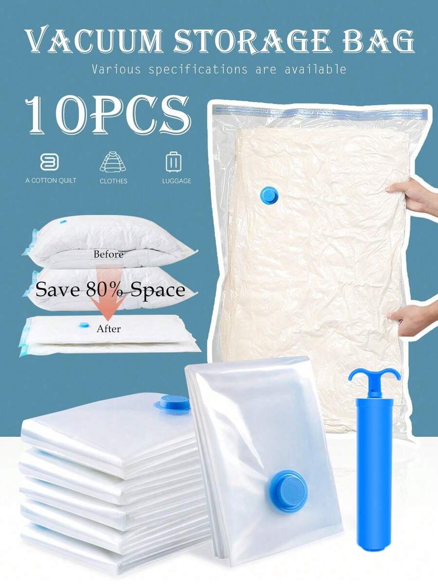 Bộ 10 túi đựng đồ nén chân không, túi trong suốt chất lượng cao đựng đồ dùng du lịch cần thiết, quần áo, chăn ga gối đệm, chăn, túi nén không dùng điện