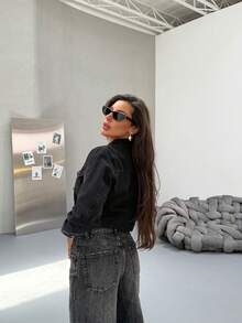 Women's Short Boyfriend Denim Jacket, Solid Color Casual Front Button Pocket Design - Black - View 3