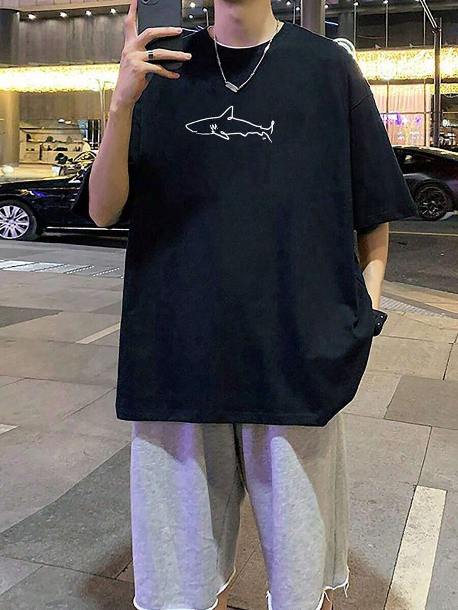 Men's Casual Simple Shark Print Drop Shoulder Loose T-Shirt-100 Percent Cotton