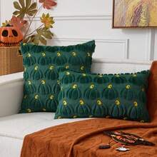1 pezzo Federa decorativa per cuscino ricamata a motivo di zucca di Ognissanti, in morbida lana sintetica, adatta per casa, divano, camera da letto, sedia - Verde - Visualizzare 1