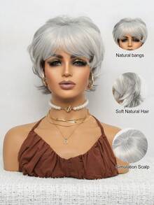 巴西假发 8 英寸短直分层灰色假发，适合派对、母亲节和休闲装的自然造型，派对配饰，天然假发。 - 灰色 - 查看 5