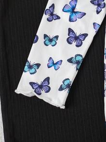 3pcs/Set Young Girls Butterfly Allover Print Solid Color Fitted Cute Long Sleeve Dress