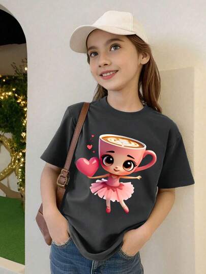 1PC Girls Cute & Sweet Cartoon Ballet Dancer Print Short Sleeve T - Shirt, Comfortable & Breathable, Summer Daily Casual Wear