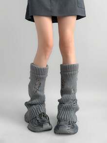 1双Y2K风格做旧针织腿套，加厚日系可爱风圆领腿套，白色/灰色/黑色女款腿套，百搭学生腿套 - 彩色 - 查看 2