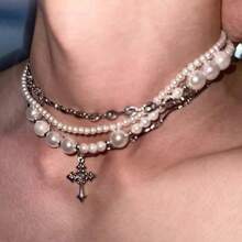 1pc Multi-Layer Pearl Necklace, Delicate Collarbone Chain, Unisex Niche Design Hiphop Couple Sweater Chain - Silver - View 6