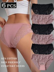 6 Stücke elegantes Set aus einfarbiger Baumwoll-Slip-Unterhose mit Spitzenbesatz für Damen