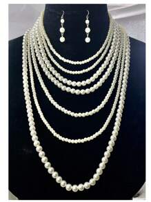 3pcs Vintage Minimalist Multilayer Pearl Sweater Chain Necklace Earrings Jewelry Set