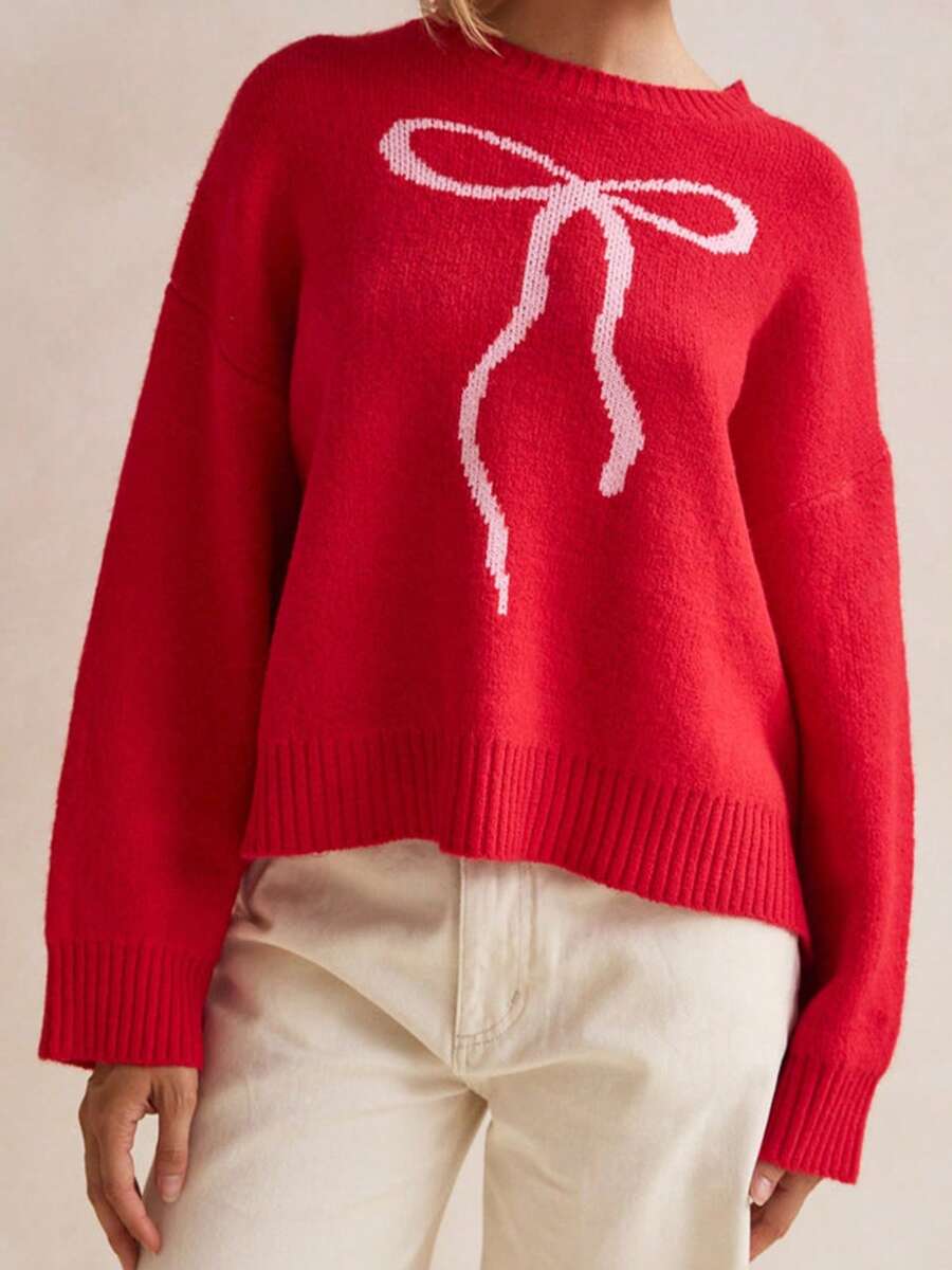 Women Knit Sweater Long Sleeve Crew Neck Bow Pullover Warm Sweater For Fall Winter - Red - View 1