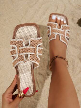 Sandalias de deslizar trenzadas marrones nuevas para verano de las mujeres, con plantilla de lino - Estilo de playa y casual, recomendadas por influencers en un estilo bohemio retro y elegante minimalista francés para vacaciones, sandalias planas