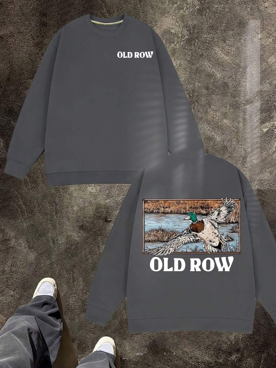 OLD ROW Back Duck Graphic OLD ROW [250g Polyester] Fiber Fashionable Men's Casual Long-Sleeve Crew Neck Pullover Sweatshirt, Suitable For Outdoor Sports, Ideal For Autumn And Winter With Prints.