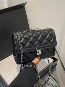 Fashionable Solid Color Quilted Square Chain Shoulder Bag, Multifunctional Flap Clutch Purse, New Lightweight Handbag/Wallet, Suitable For Office Workers And Students Daily Commute, Casual Phone Coin Purse - Black - View 5