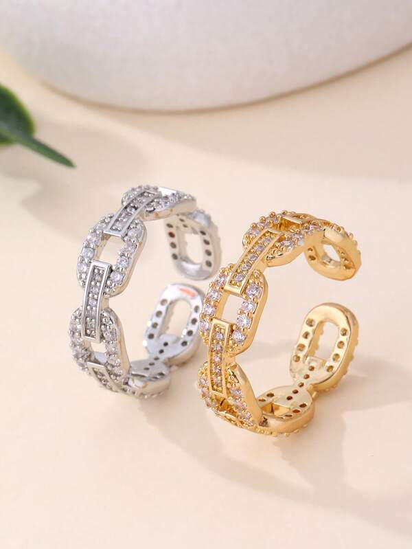 1pc Fashionable & Versatile Women's Ring, Inlaid With Shiny Cubic Zirconia Stone Chain Decor Open Ring, Suitable For Women's Daily Wear, Attending Parties, Gift For Relatives And Friends, Ideal Gift For Girlfriend
